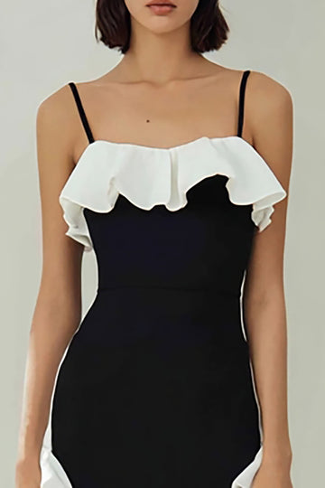 Black and White Bodycon Ruffled Midi Formal Dress